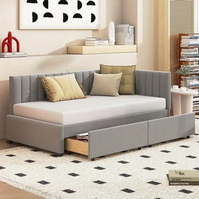 Immagine prodotto di Divano letto – Letto per ospiti – 90x200 cm – Rivestimento in velluto – Con 2 ampi cassetti contenitori