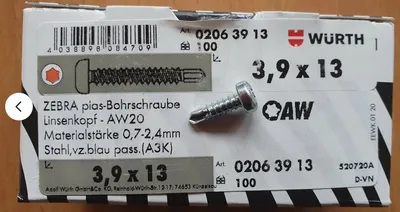 Produktbild von Art. 02063913 Würth Zebra Pias Bohrschraube Schrauben Flachkopf 3,9x13 AW 20, 100 Stück