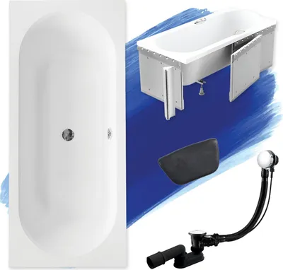 Produktbild von Badewanne Rechteck Set 5in1 160x75 mit Premium Ablaufgarnitur und Füßen GRATIS + Styroporverkleidung + Kopfstütze in Schwarz | BADLAND VITAE