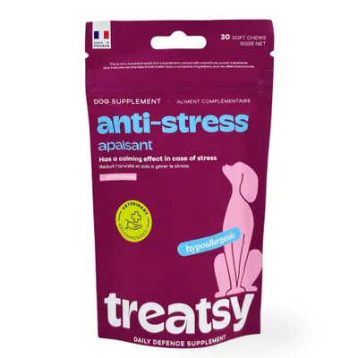 Produktbild von Treatsy Anti-Stress Hund | L-Tryptophan | hypoallergen | 30 Snacks | Stress, Angst, Hyperaktivität, Beruhigung, KI-generiertes Bild
