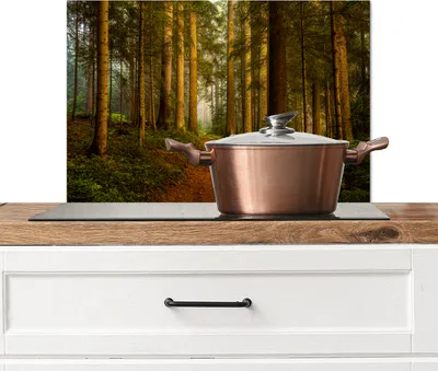 Produktbild von KitchenYeah®  Spritzschutz Küche - Küchenrückwand - Wandschutz für Herd und Spüle - Wald - Natur - Bäume - Landschaft - Laub 70x50 - Alu-Dibond (Alternative zum Spritzschutz aus Glas) - Hitzebeständig