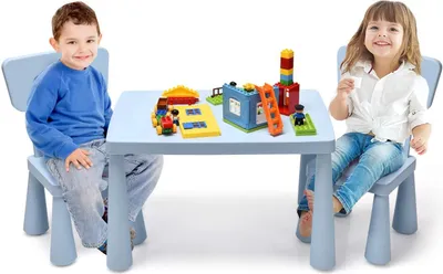 Produktbild von GOPLUS Kindersitzgruppe aus Kunststoff, Kindertisch mit 2 Stühlen, Stuhl mit Rückenlehne, mit Runden Kanten, Einfarbiges Design, für Junge und Mädchen, für Kinderzimmer (Blau)