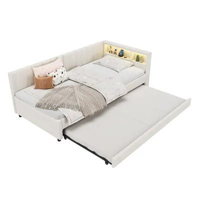 Produktbild von Schlafsofa mit LED-Beleuchtung und Gästebett, 90x200 cm, Polsterbett mit Lattenrost und Mehrfachsteckdose, Einzelbett, Leinen