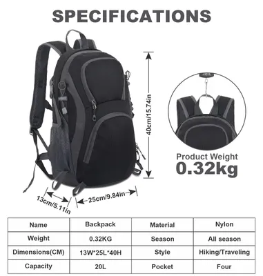 Image de Sac à dos de 20 litres, noir, idéal pour la randonnée, sac à dos léger pour une journée