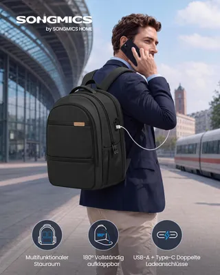 Produktbild von SONGMICS Business Laptoprucksack für 15,6 Zoll, mit USB-Anschluss und Diebstahlschutz, 43 x 32 x 18 cm, Schwarz