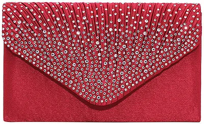 Image de 20 cm Femme Soirée en satin de mariée Diamond Femme Sac d'embrayage Parti Prom enveloppe avec chaîne amovible rouge
