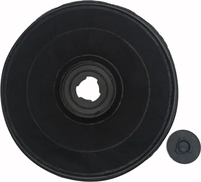 A black charcoal filter for a range hood, shown in isolation against a white background. A smaller circular component is also visible to the right of the main filter.
