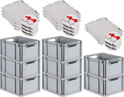 Produktbild von SuperSparSet 8x Eurobox NextGen Economy mit Scharnierdeckel und roten Schiebeschnappverschlüssen | Griffe offen | HxBxT 22x30x40cm | 20 Liter | Eurobehälter, Transportbox, Transportbehälter, Stapelbehälter