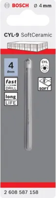 Zdjęcie produktu dla Bosch CYL-9, Wiertarka, 4 mm, 70 mm, Miękkie ceramiczne płytki ścienne, Miękka płytka, Miękkie płytki ścienne, Szkło nieutwardzone, Trzpień cylindryczny, Stal nierdzewna, Biały