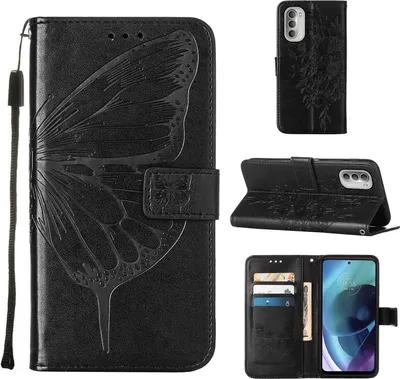 Produktbild von Moto G51 5G Hülle, Schmetterling Prägung Flip Leder Kartenfächer Schutzhülle Ledertasche mit Ständer für Motorola Moto G51 5G Schwarz