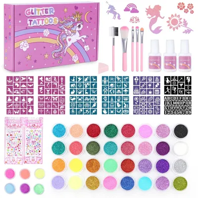 Produktbild von Set mit temporären Glitzer-Tattoos – Set mit Glitzer-Einhorn-Tattoos für Kinder – 32 Farben – 150 Schablonen