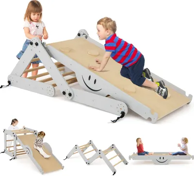 A collage of images showing children playing on a wooden climbing set with a slide, climbing wall, and seesaw.