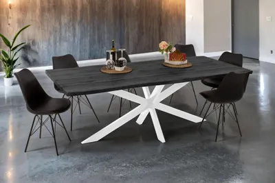 Produktbild von Esstisch Baumkante Holz-Optik Grau 220 x 100 Spider-Gestell weiß JOSY, KI-generiertes Bild
