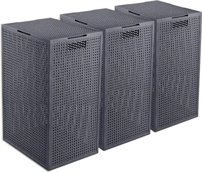 Produktbild von Curver Kaya Wäschekorb mit Deckel – 3er-Set – je 60 Liter – 38×29×58,5 cm – Anthrazit – Kunststoff – mit Belüftung