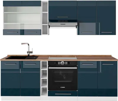 Image de Ligne de cuisine Vicco Fame-Line bleu foncé brillant/blanc 235cm , PT Chêne, Model 49051