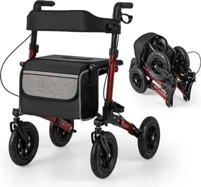 Produktbild von Faltbarer Leichtgewicht-Rollator mit Luftreifen, Rot, 140kg Tragkraft
