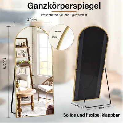 Produktbild von Ganzkörperspiegel 150x40 cm, Bogenform, Aluminiumrahmen, Gold, Stand- &