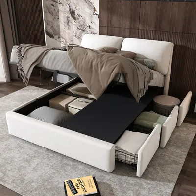 A bedroom scene with a bed that has storage compartments open, revealing items inside.