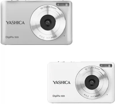 Two Yashica DigiPix 100 compact cameras, one silver and one white, shown from the front.