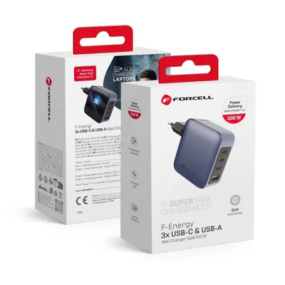 Image de Forcell F-Energy Chargeur secteur GaN - 100W avec ports : 3x USB C et USB A avec PD et charge QC 4.0