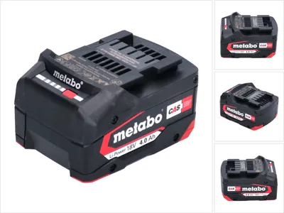 A product shot of a Metabo Li-Power battery pack, with smaller inset images showing different angles.