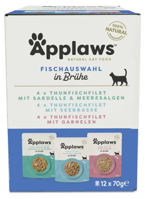 Produktbild von Applaws Premium Natural Katzenfutter Nass, Fischauswahl in Brühe 70g Portionsbeu
