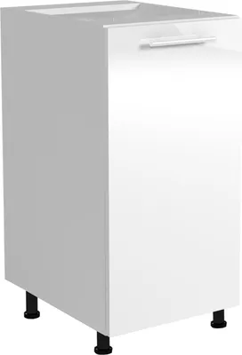 A white kitchen cabinet with a high-gloss finish and a silver handle, standing on four black legs.