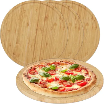 Image de Pizzaplank - Coffret de 4 pièces - Bambou - Ø 32 cm - Plateau de service pour pizza - Plateau rond pour pizza - Planche à découper - Naturel