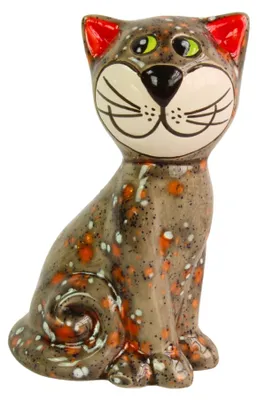 Produktbild von Dekofigur Katze aus Keramik grau-orange - Keramikfigur Tierfigur Dekoration Deko Figur