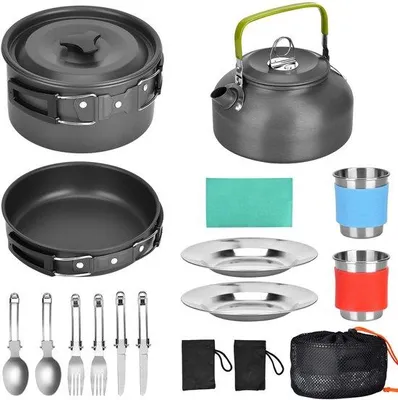 Produktbild von Camping-Kochgeschirr, tragbar und leicht, aus Edelstahl, für Camping, inklusive Bräter, Töpfe, Tassen und Besteck, ideal für Outdoor-Aktivitäten, Picknicks, Wanderungen und Camping