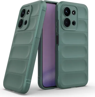Two green phone cases are shown, one in the foreground and one in the background, with a phone screen visible between them.