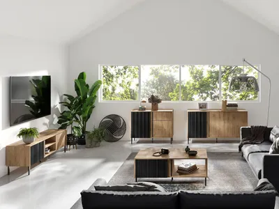 Produktbild von Wohnzimmer-set MIA 1 TV-Schrank + 2x Kommode + Couchtisch mit geriffelte Fronte Metallbeine Ewige Eiche / Schwarz