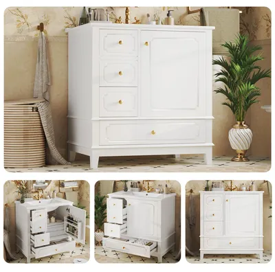 Produktbild von Waschbeckenunterschrank mit Waschbecken 76,5 cm Waschtisch mit Keramikbecken Badmöbel Set modern Badezimmerschrank mit Schubladen & Gold-Griffen Weiß