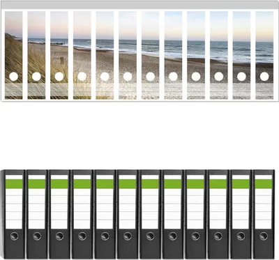 Produktbild von Wallario 12 Stück breite Ordner inkl. Klebeetiketten mit Motive Strandspaziergang im Urlaub an der Ostsee -  Set mit Rückenschildern / Ordnerrücken Stickern