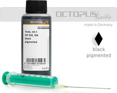 A bottle of black pigmented ink and a syringe are displayed against a white background.