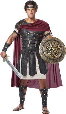 A man dressed in a gladiator costume, holding a sword and shield.