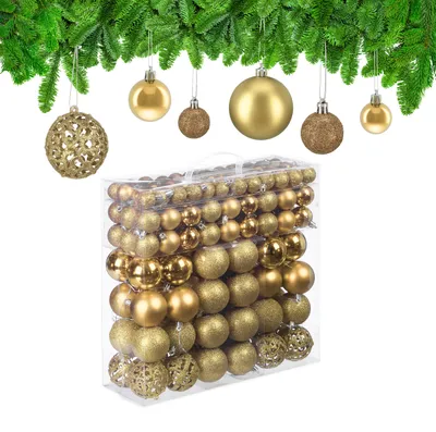 Produktbild von Relaxdays Weihnachtskugeln im 150er Set, glitzernde, matte & glänzende Christbaumkugeln, Kunststoff, ∅ 3, 4 & 6 cm, gold