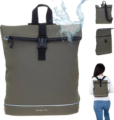 A collage of images showing a green rucksack from different angles, including one of a woman wearing it.