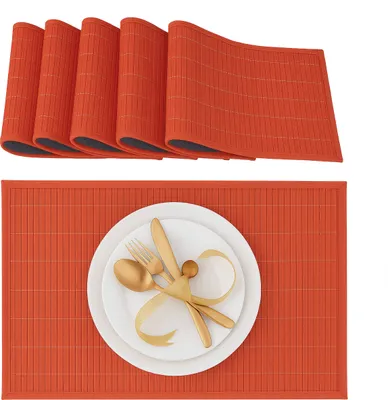 Produktbild von Relaxdays Tischset, 6er Set, Bambus, Stoffrand, rutschhemmend, 45 x 30 cm, Teller, Esstisch, eckiges Platzset, rot