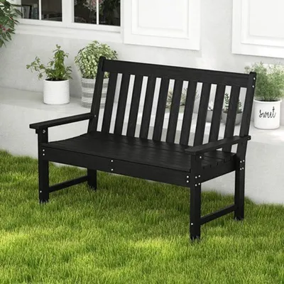 Image de Banc de jardin en plastique noir résistant aux intempéries, dimensions : 123 cm de largeur, idéal pour jardin, balcon et terrasse
