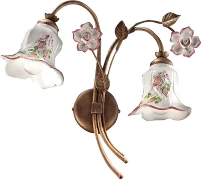 Produktbild von Wandlampe Metall Keramik E14 37 cm breit Rostbraun Weiß Blütenknospen Nachbildung 2-flammig Landhausstil