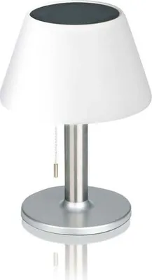 A white and silver solar table lamp on a white background.