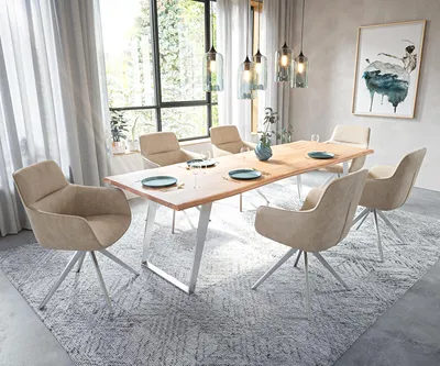 Produktbild von DELIFE Esstisch Edge 260x100cm Akazie Natur Edelstahl Silber schräg Live-Edge
