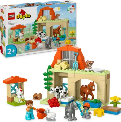Produktbild von LEGO DUPLO Town Tierpflege auf dem Bauernhof Spielzeug für Kinder ab 2 Jahre, mit Bauernhoftiere-Figuren für Rollenspiele, darunter Pferd, Kuh und Schaf, Lernspielzeug für Mädchen und Jungen 10416