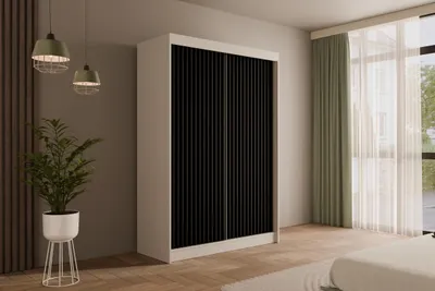 Produktbild von ALTDECOR Kleiderschrank mit Lamel-Schiebetüren, kugelgelagerte Führungsschienen und Aluminium-Leisten - VILANv2 - 150 cm Weiß + Lamelle schwarz