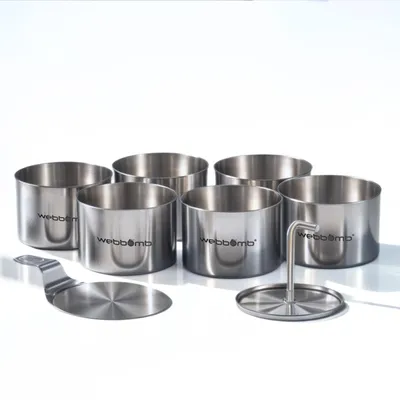 Produktbild von WEBBOMB 8tlg Set Edelstahl Dessertringe Kuchenform Speisenringe Ø 7,5 cm Höhe 5,5 cm rund mit Heber & Stampfer Backringe für runde Mini Kuchen und Brötchen Backform Burger Presse