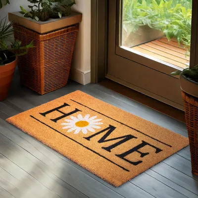 Produktbild von BRUBAKER Fußmatte für Außen und Innen - Home mit Gänseblümchen - 45 x 75 cm Schmutzfangmatte aus Kokos - Fußabtreter Wetterfest & Rutschfest - Blumen
