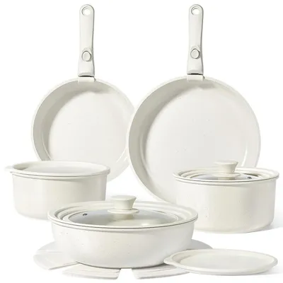 Productafbeelding van Granit kookgerei set, 15-delig, met afneembare handgrepen, geschikt voor alle soorten fornuizen, vaatwasmachinebestendig, ovenbestendig, wit