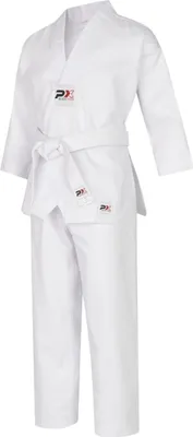 Produktbild von Taekwondo Anzug BUDO KIDS weißes V-Revers, Kinderanzug als Set (Schlupfjacke, Gummibund Hose, weißer Gürtel)