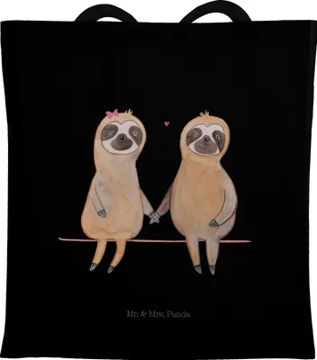 Produktbild von Mr. & Mrs. Panda Jutebeutel Faultier Pärchen - Schwarz - Geschenk, Tasche, Liebe, Laptoptasche, Tote Bag, Einkaufstasche, Schultasche, Beziehung, Beutel